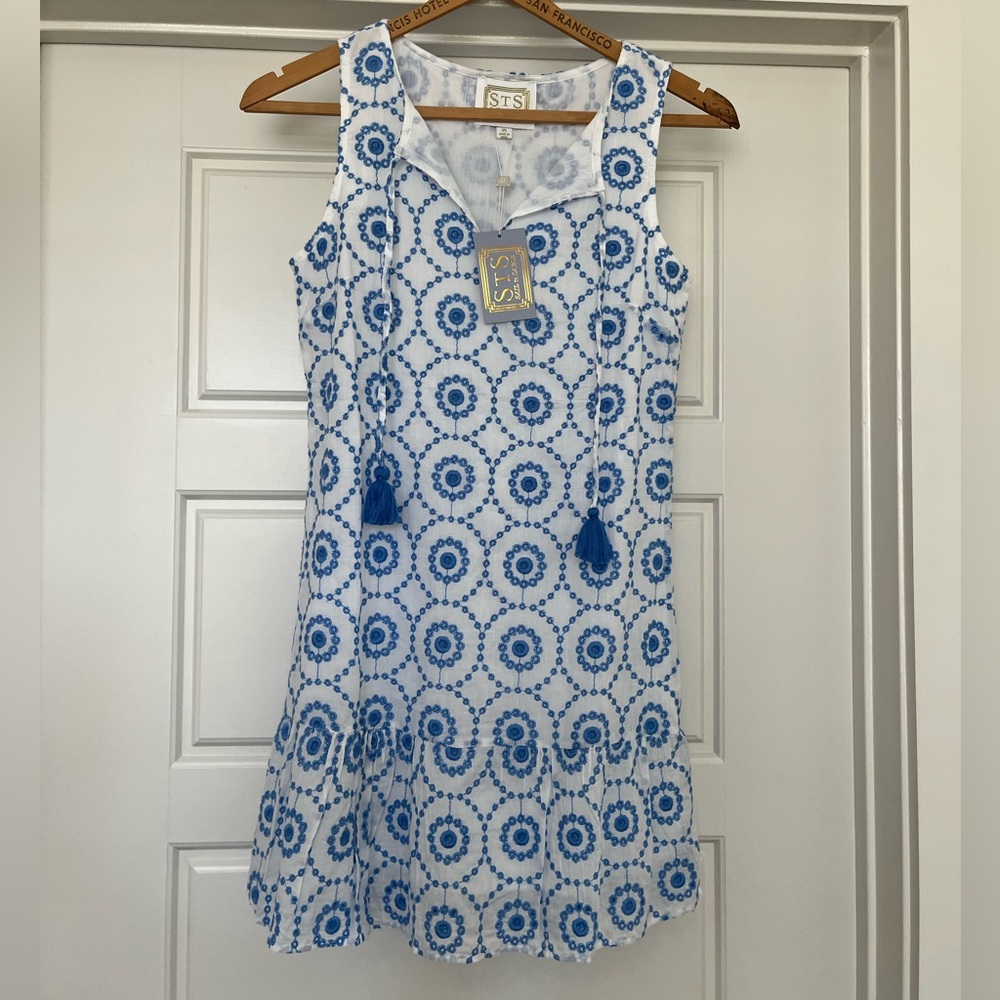 NWT STS Blue and White Eyelet Embroidered Geometric Dress